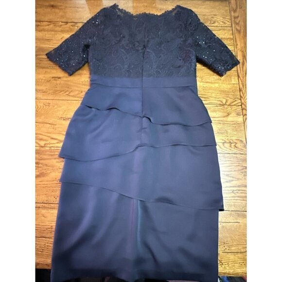 ADRIANNA Papell Blue Lace Dress Side Draped Ruched Sheer 3/4 Sleeve, Size 12 M5 - Picture 12 of 13